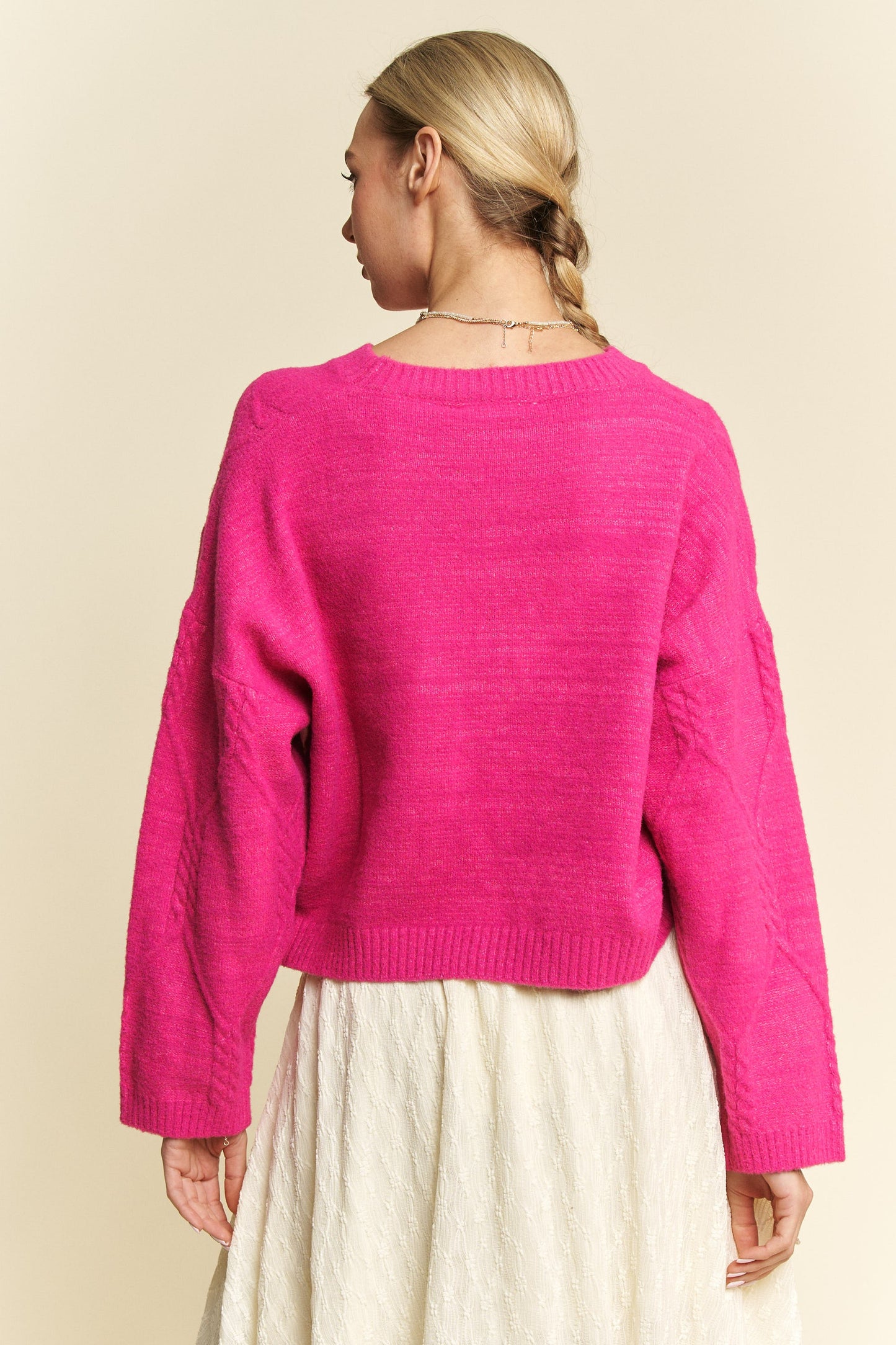 Davi & Dani Diamond Cable Pattern Drop Shoulder Sweater