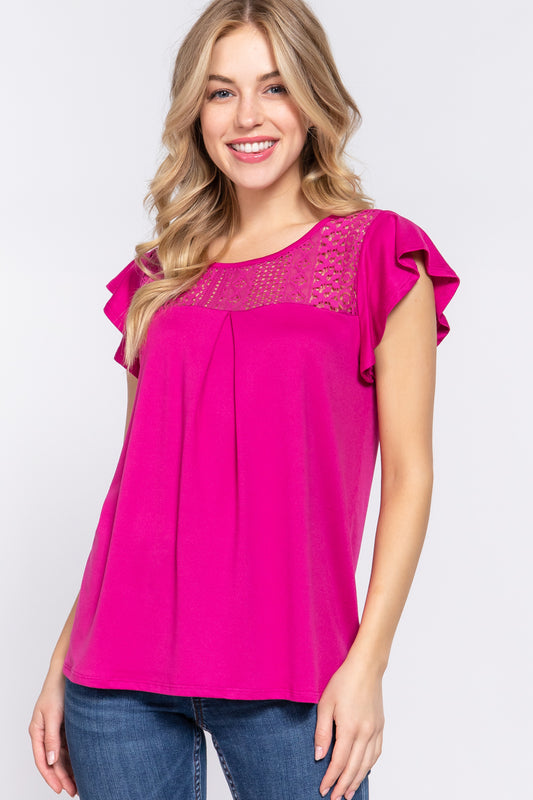 ACTIVE BASIC Ruffle Short Sleeve Lace Detail Knit Top