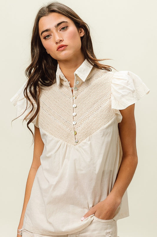 BiBi Half Button Collared Neck Short Sleeve Top