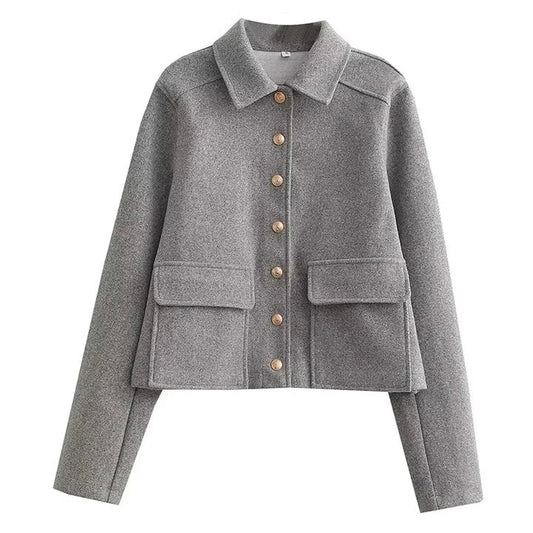 Front Metal Button Jacket Coat Vintage Lapel Collar Long Sleeve