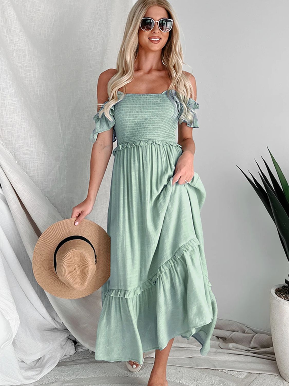 Frill Smocked Off-Shoulder Ruffle Sleeve Dress