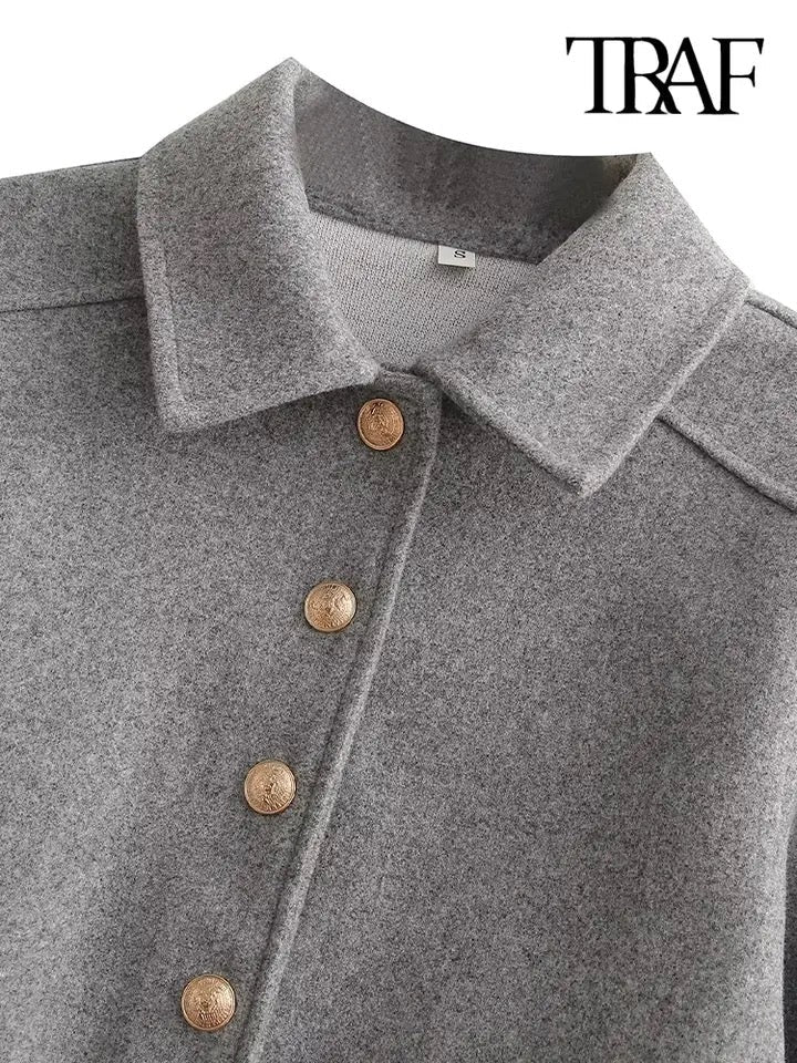 Front Metal Button Jacket Coat Vintage Lapel Collar Long Sleeve