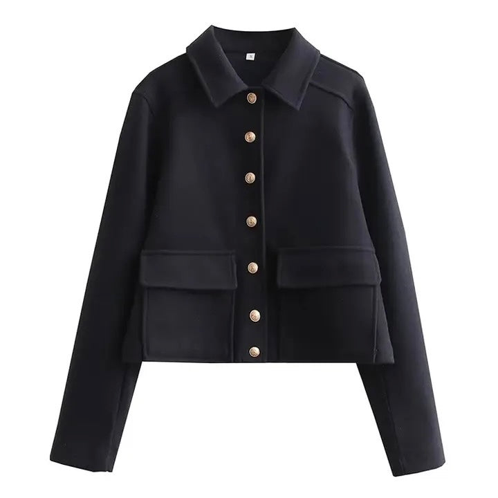 Front Metal Button Jacket Coat Vintage Lapel Collar Long Sleeve