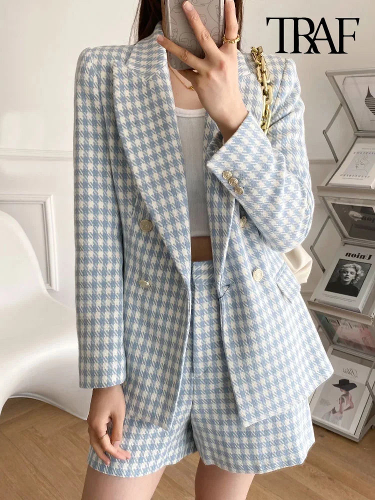Houndstooth Double Breasted Tweed Blazer
