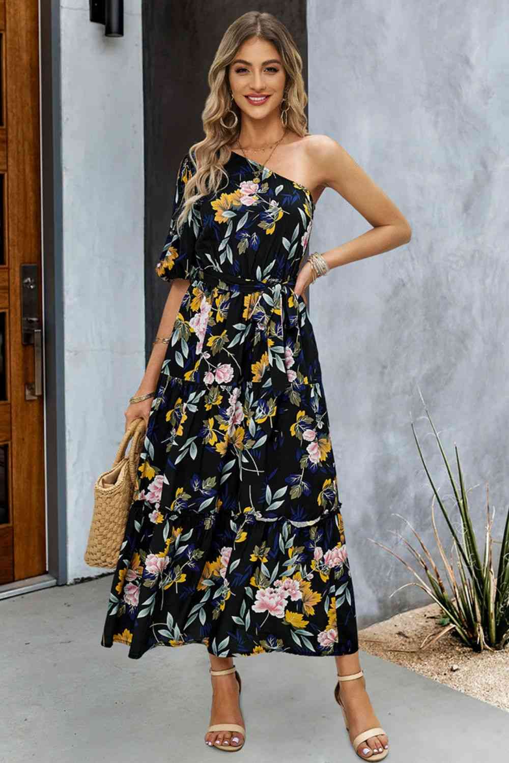 Printed One-Shoulder Tie Belt Maxi Dress