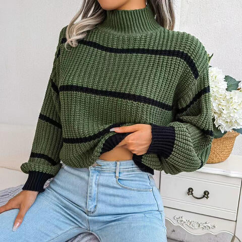 Striped Mock Neck Dropped Shoulder Sweater