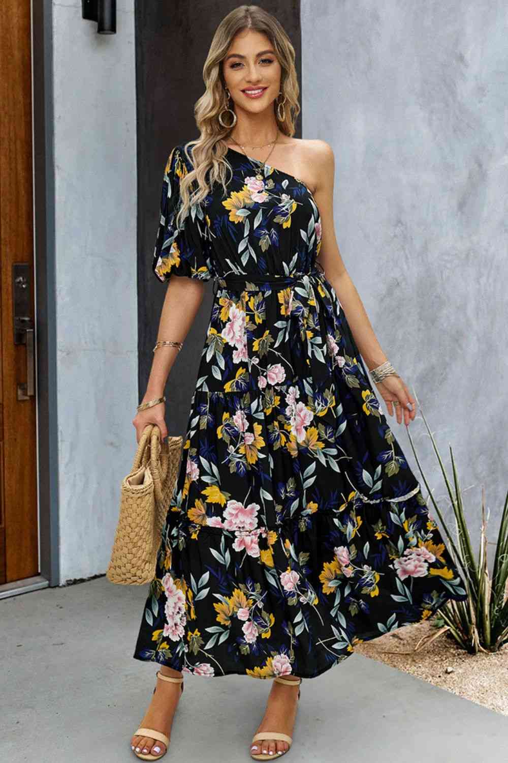 Printed One-Shoulder Tie Belt Maxi Dress