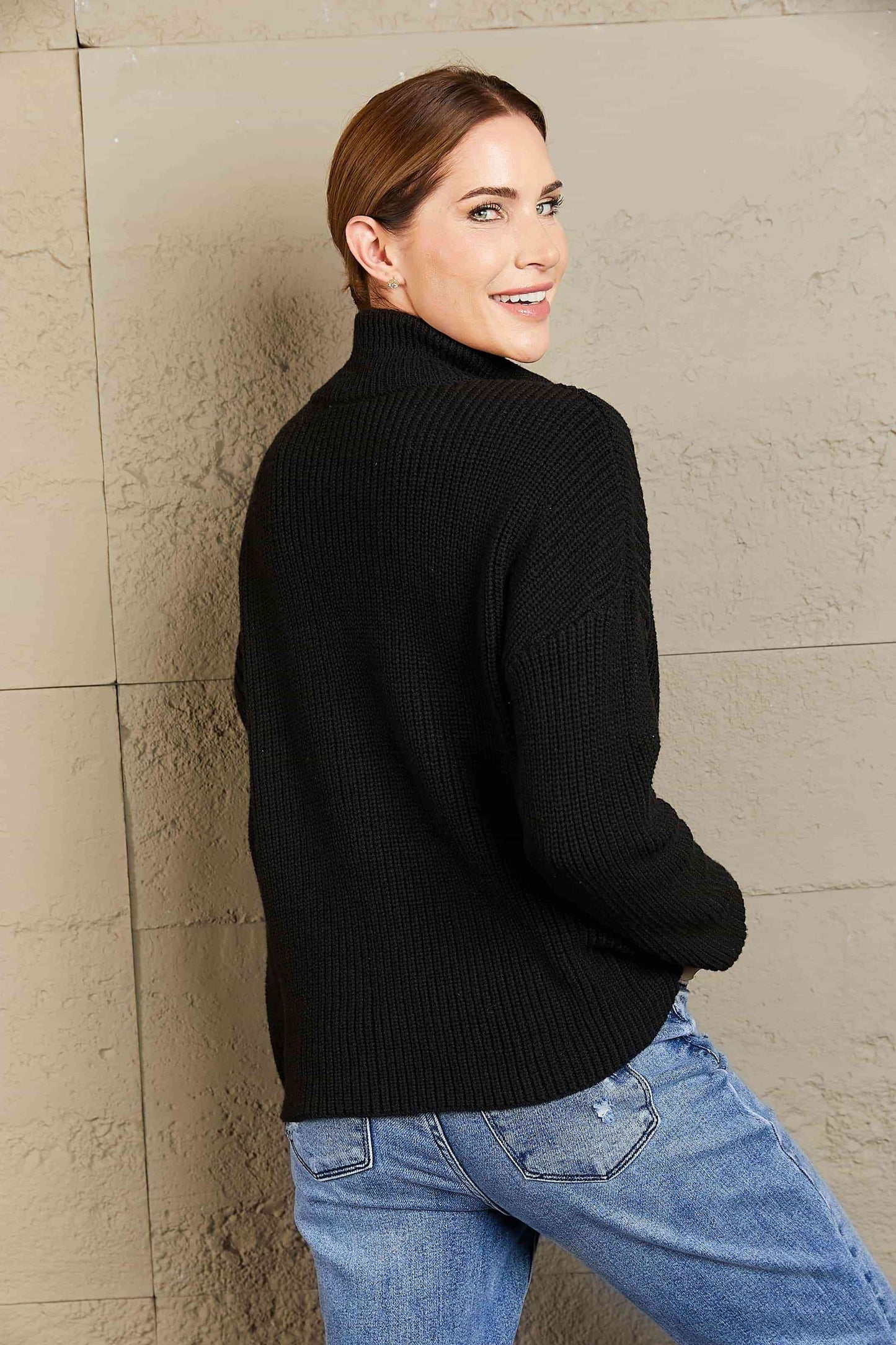 Woven Right Half Zip Rib-Knit Dropped Shoulder Sweater