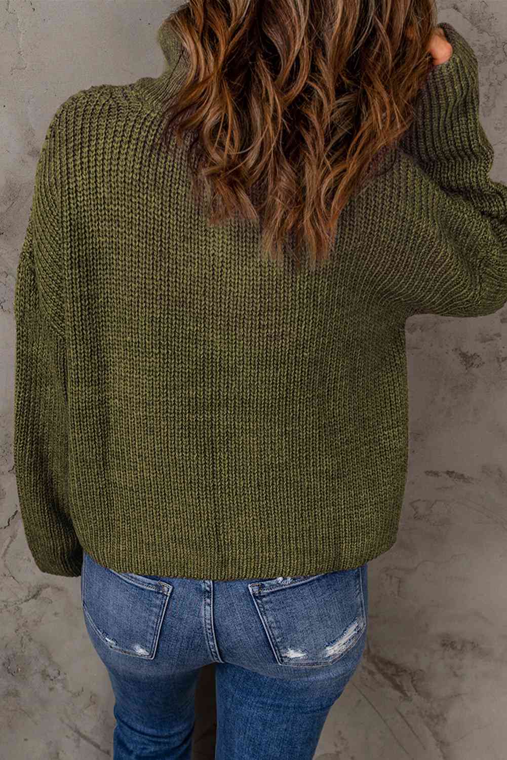 Woven Right Half Zip Rib-Knit Dropped Shoulder Sweater