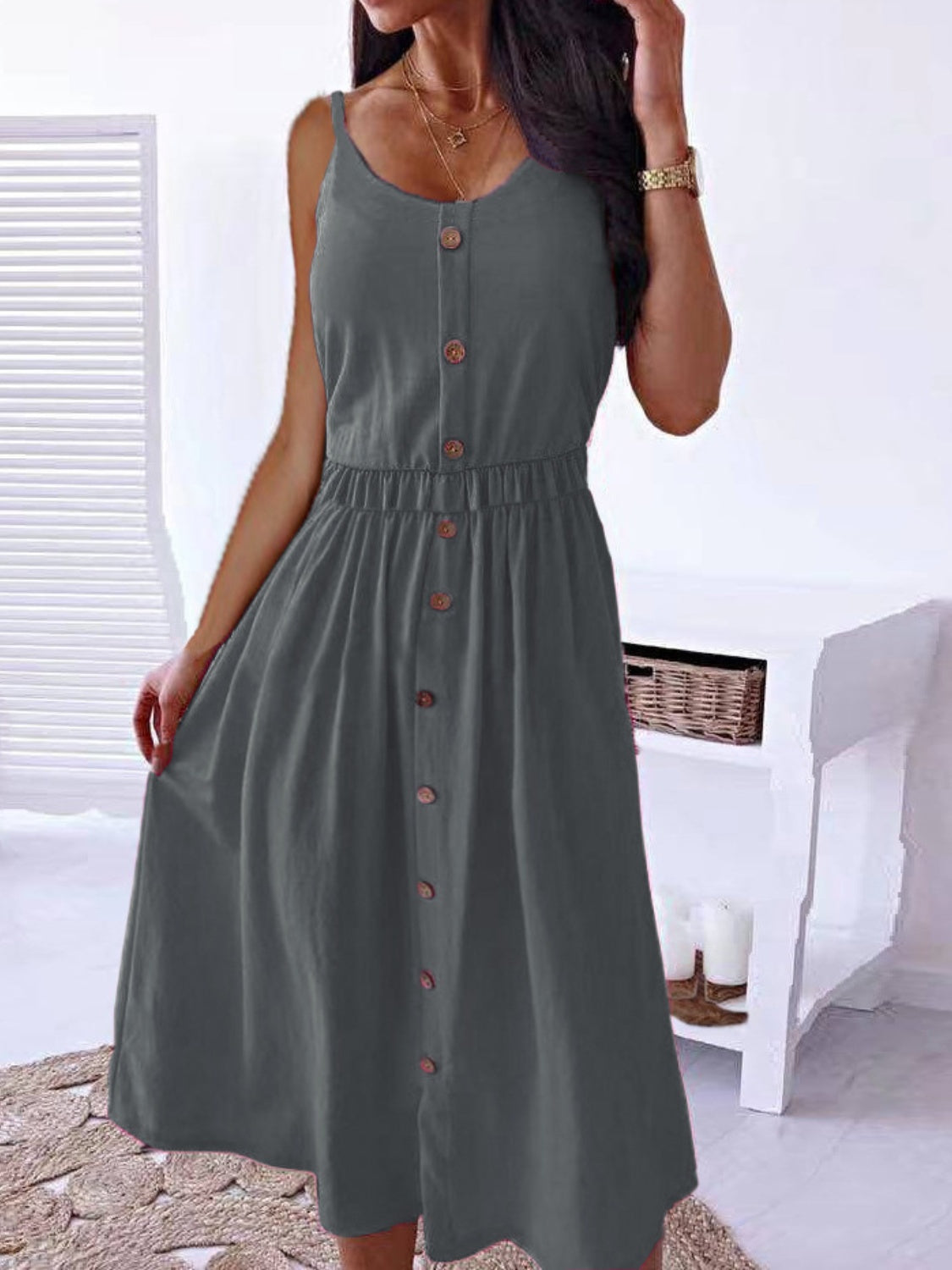 Decorative Button Spaghetti Strap Dress