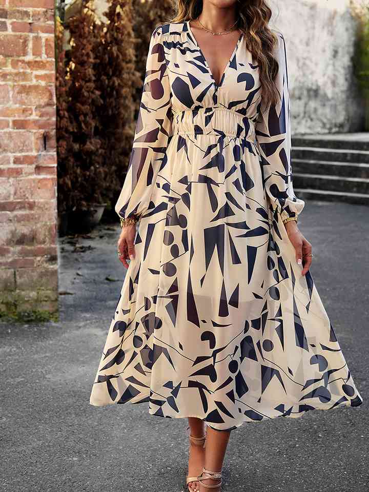 Printed V-Neck Long Sleeve Midi Dress